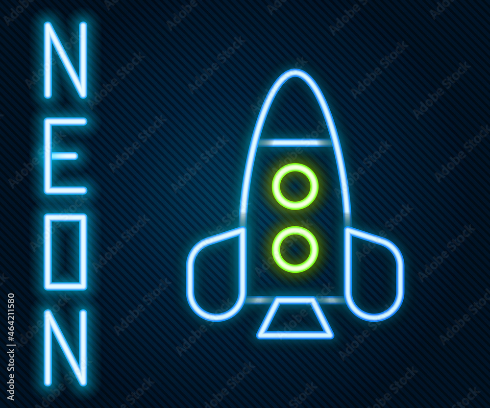 发光的霓虹灯线火箭飞船玩具图标被隔离在黑色背景上。太空旅行。彩色轮廓