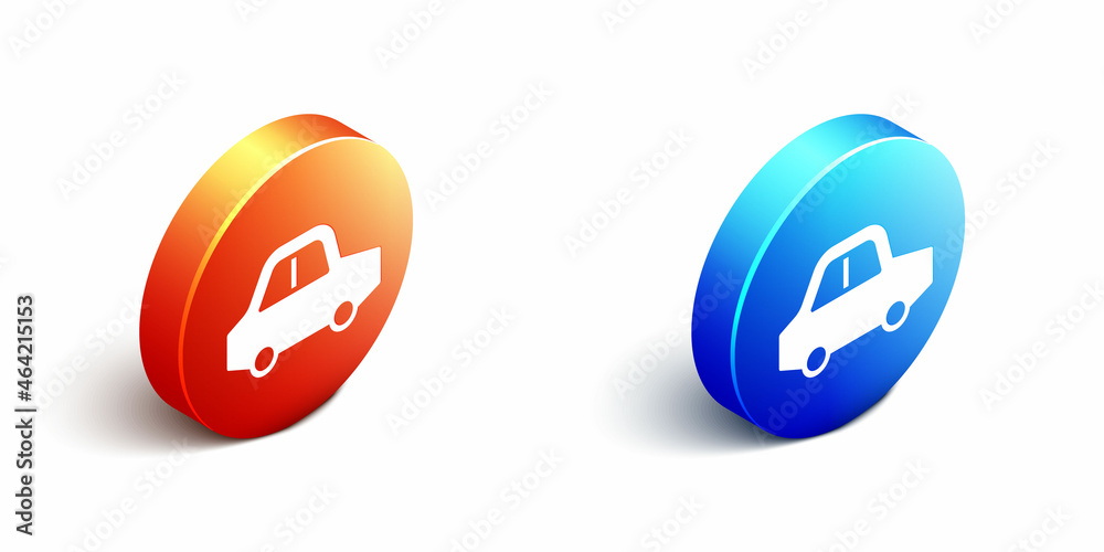 白色背景上隔离的等距玩具车图标。橙色和蓝色圆形按钮。矢量