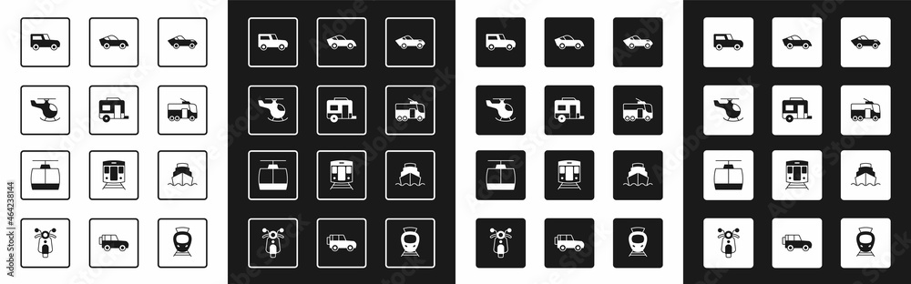 Set Car，Rv露营拖车，直升机，无轨电车，游轮和缆车图标。Vector