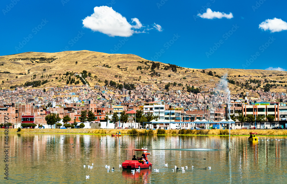View of Puno from Lake Titicaca in Peru
