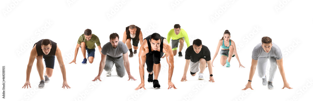 白色背景下，一组处于蹲姿起跑姿势的跑步者