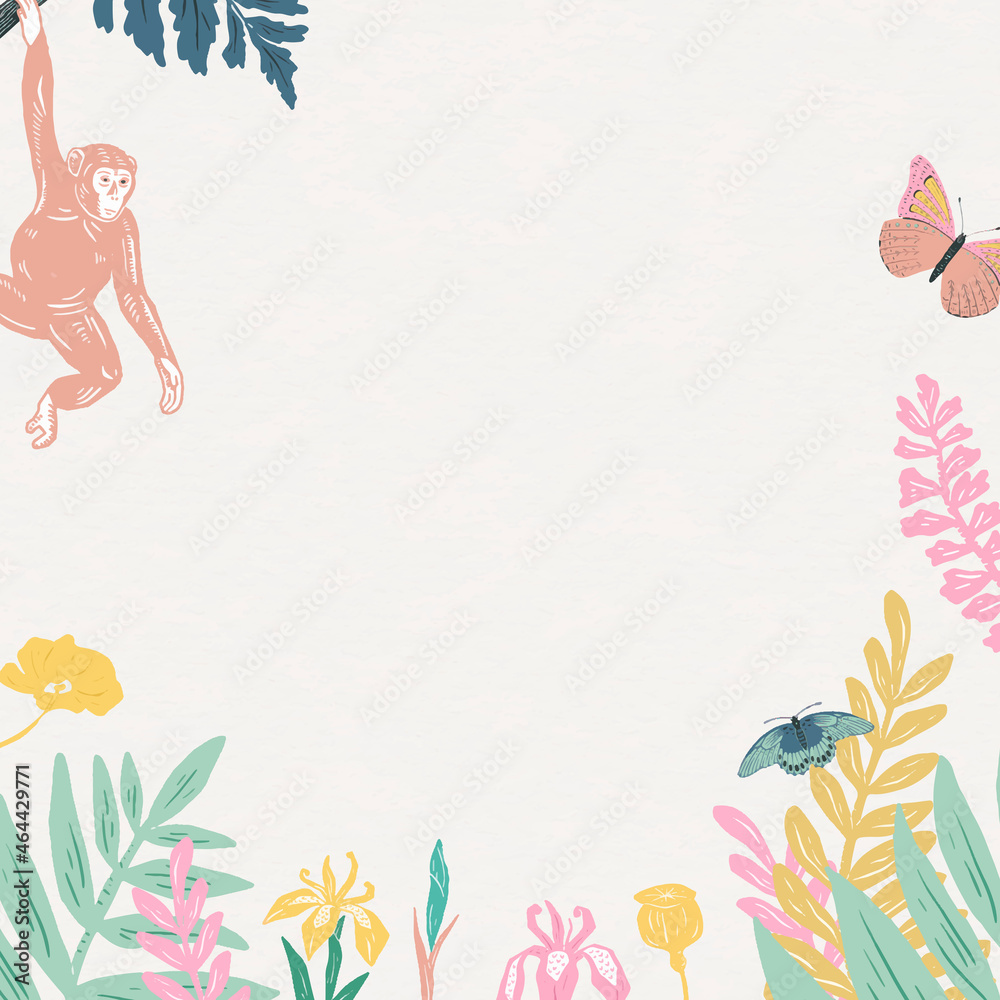 复古动物框架矢量彩色粉彩丛林背景