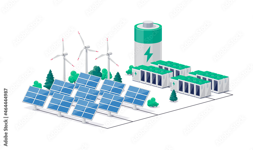 智能未来可再生绿色发电厂，配有电动太阳能电池板、风能和锂离子电网。