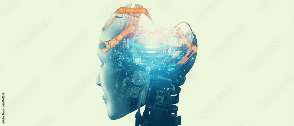 机械化工业机器人和机械臂双重曝光图像。人工智能概念