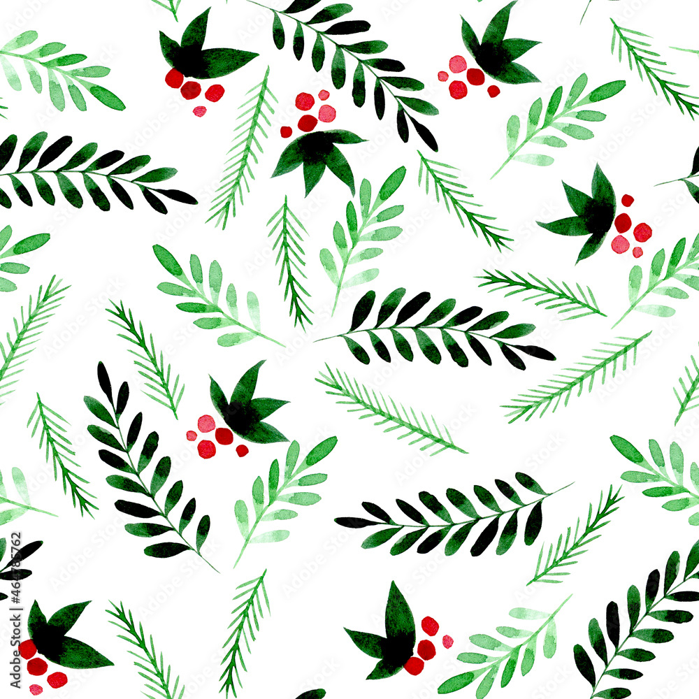 圣诞节、新年的简单水彩图案。可爱的绿叶和浆果被隔离在白色的b上