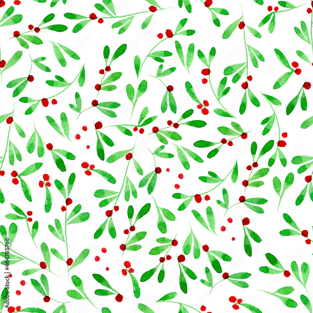 simple watercolor pattern for christmas, new year. cute green leaves and berries isolated on white b