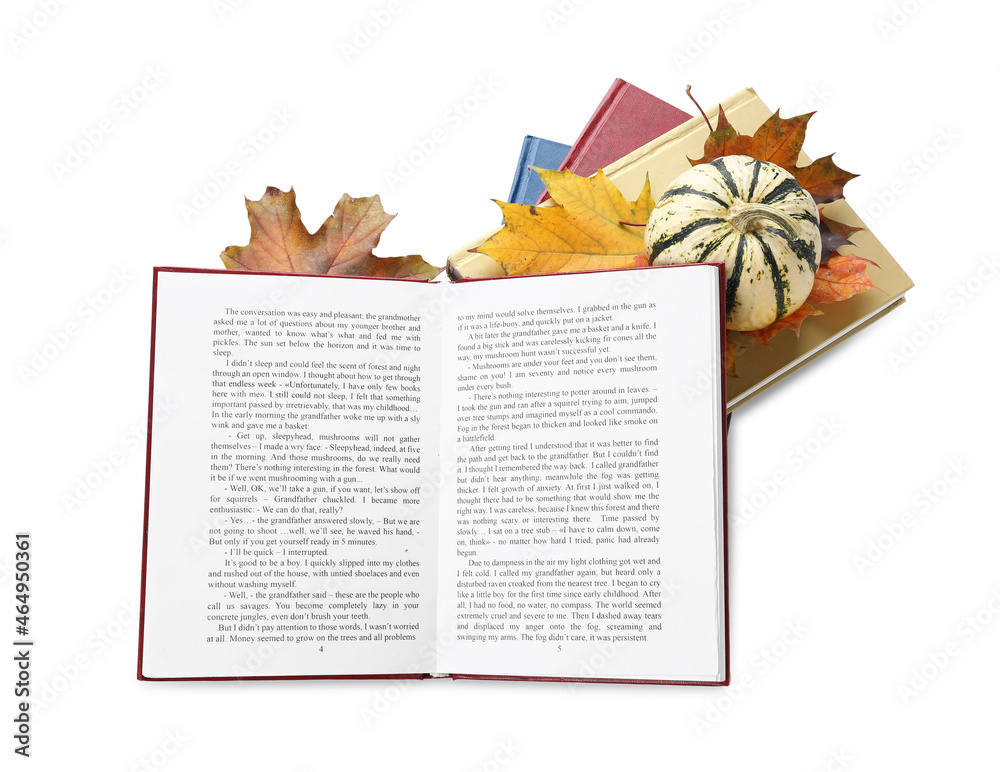 白色背景下的书籍、秋叶和南瓜