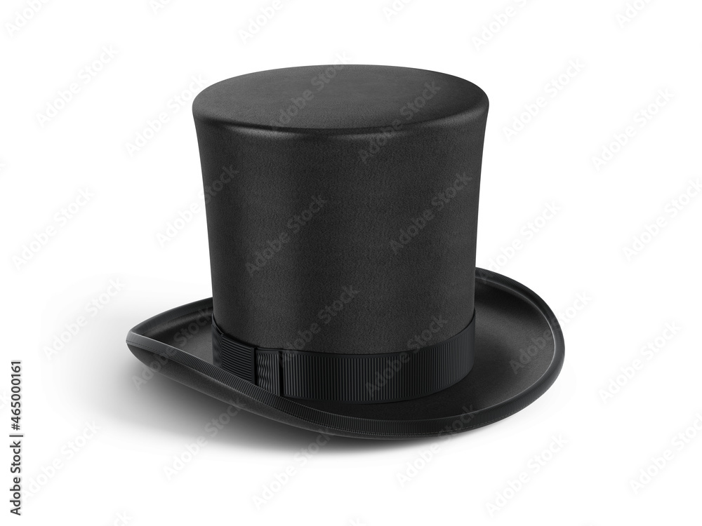 白色背景上隔离的圆柱形黑色礼帽。3d渲染圆柱形礼帽插图