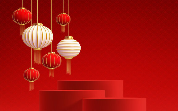 Chinese new year background with realistic 3d red product podium and red Chinese paper lanterns. Vector illustration