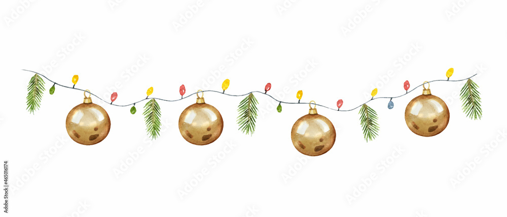 水彩矢量圣诞花环，有球、灯和冷杉树枝。