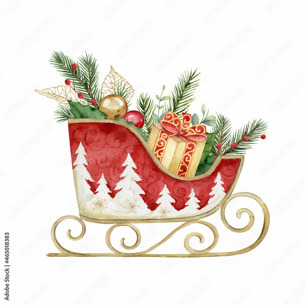 水彩矢量圣诞卡，带雪橇、冷杉树枝、圣诞球和礼物。