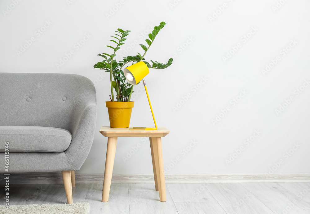 Table with yellow lamp, houseplant and sofa near light wall