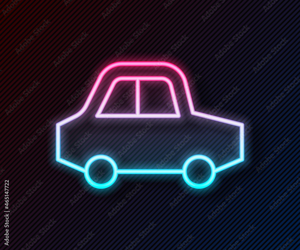 闪亮的霓虹灯线条玩具车图标被隔离在黑色背景上。矢量