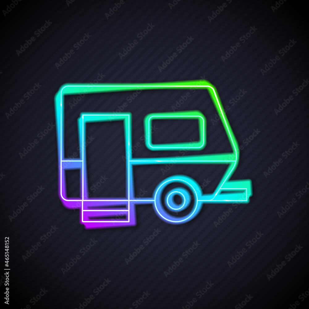 Glowing neon line Rv Camping trailer icon isolated on black background. Travel mobile home, caravan,