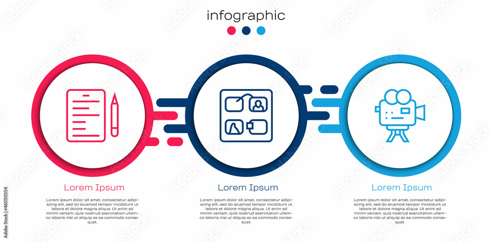 Set line Scenario, Storyboard and Retro cinema camera. Business infographic template. Vector