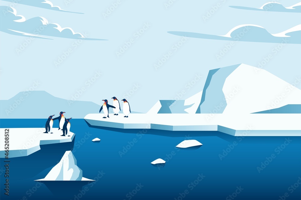气候变化是真实存在的。企鹅关于融化的山冰和海平面上升的矢量插图。
