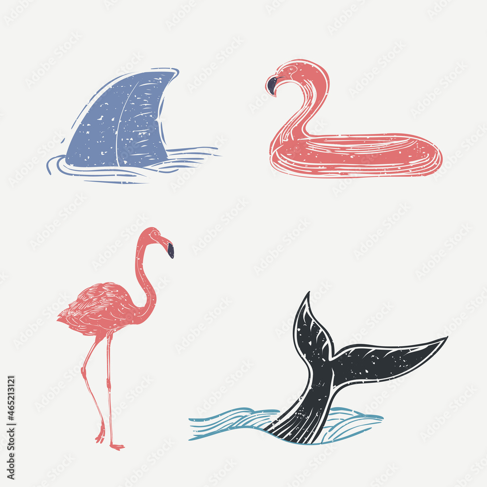 海洋生物和火烈鸟矢量版画设计元素集