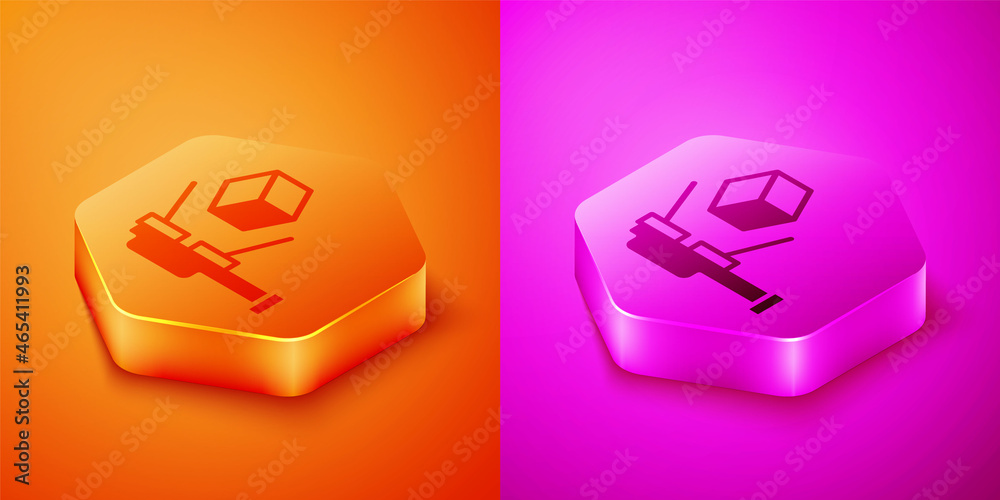 Isometric 3D scanner with cube projection icon isolated on orange and pink background. Hexagon butto