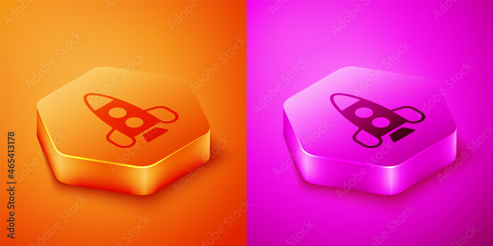 Isometric Rocket ship toy icon isolated on orange and pink background. Space travel. Hexagon button.