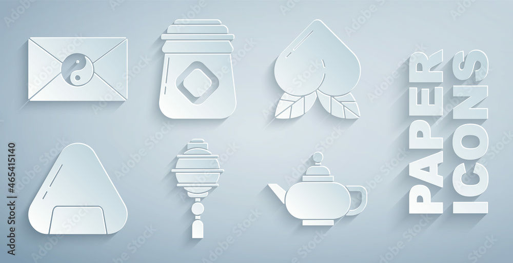 Set Chinese paper lantern, Peach fruit, Sushi, tea ceremony, Jar of honey and Yin Yang and envelope 