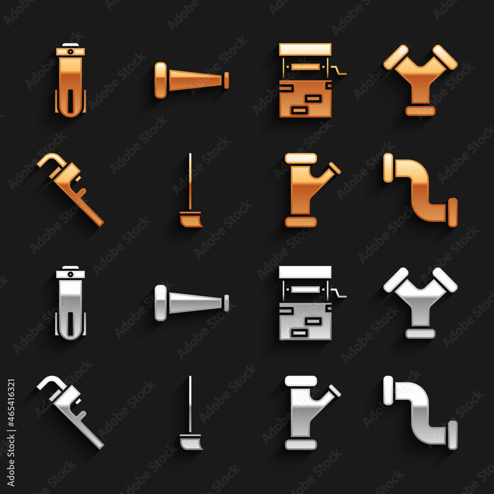 Set Mop, Industry metallic pipe, Pipe adjustable wrench, Well, Water filter and icon. Vector
