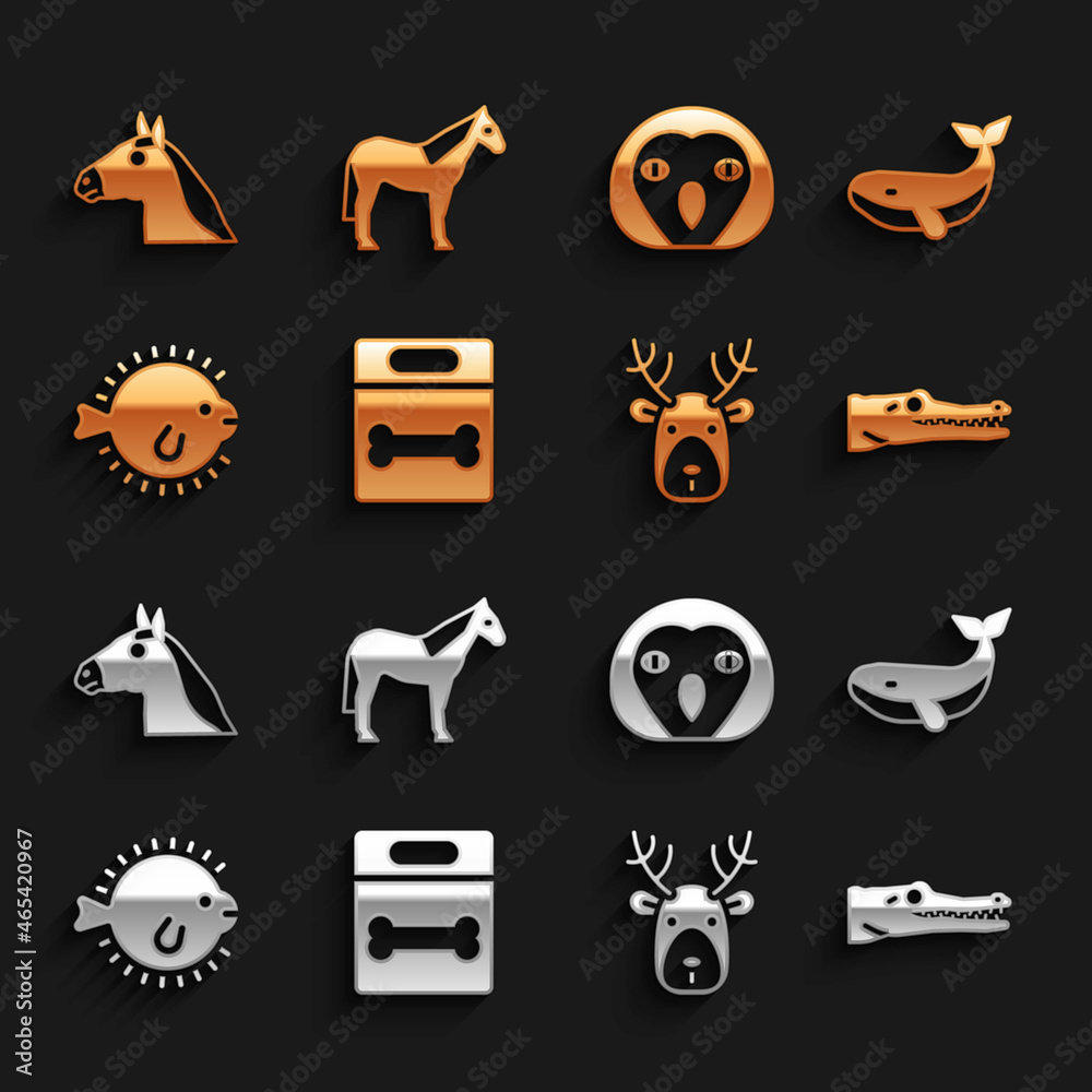 Set Dog bone, Whale, Crocodile, Deer head with antlers, Puffer fish, Owl bird, Horse and icon. Vecto