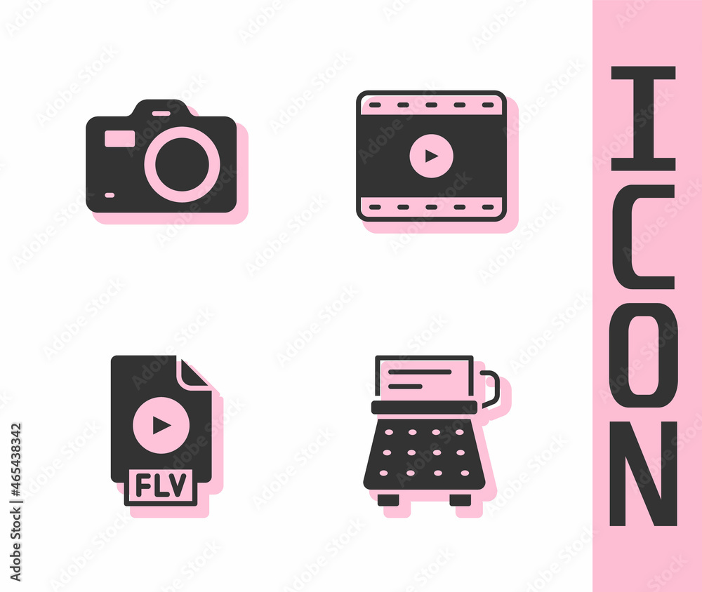 Set Retro typewriter, Photo camera, FLV file document and Play Video icon. Vector