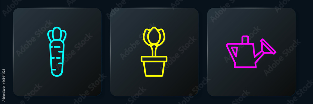 Set line Carrot, Watering can and Flower tulip pot. Black square button. Vector
