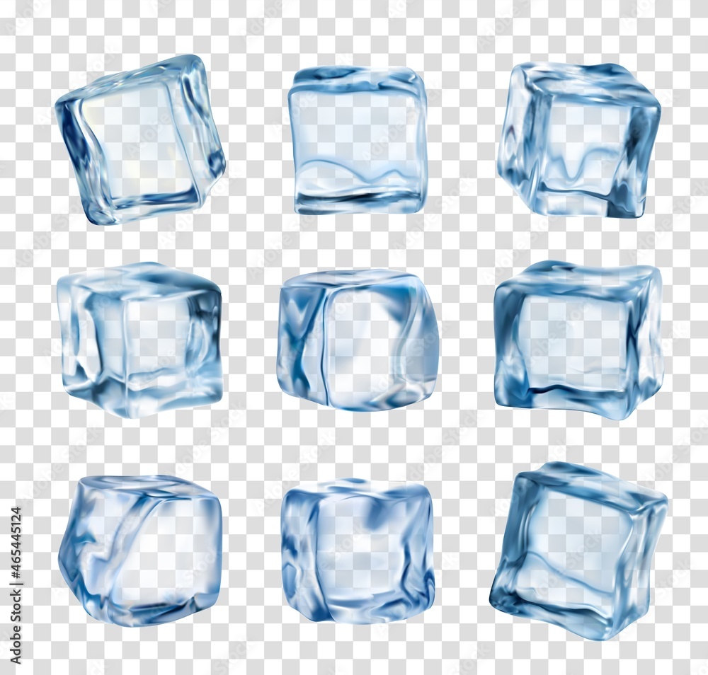 冰块，在透明背景上隔离的逼真水晶冰块。三维矢量蓝色玻璃冰