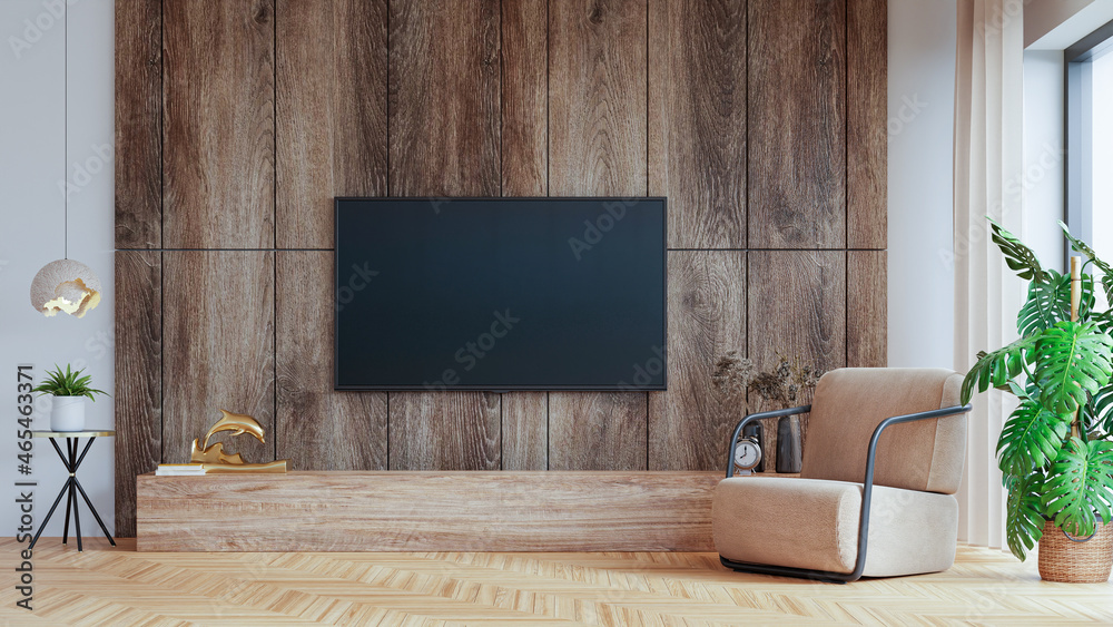 橱柜上的电视客厅的木墙，扶手椅，简约设计。