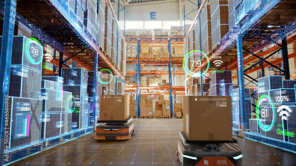 未来技术3D概念：带信息图形的自动零售仓库AGV机器人运送汽车