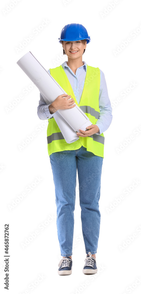 戴安全帽、白底纸卷的女建筑工人