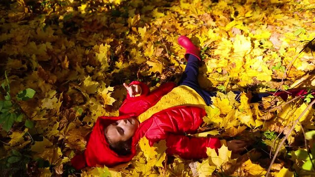 A girl in a red jacket and hat plays with yellow fallen leaves in autumn in the golden forest. Child is lying on the ground with leaves and playing snow angel