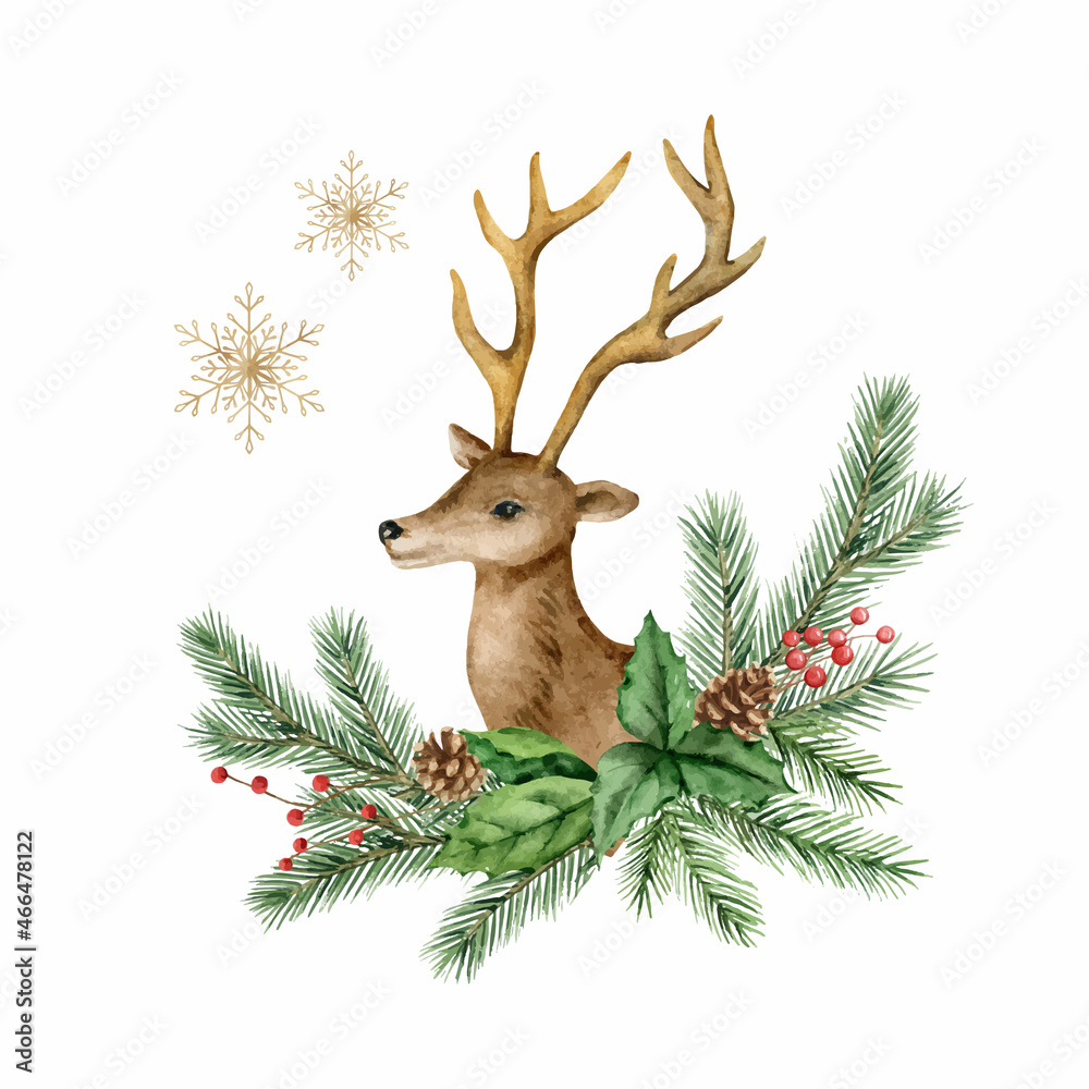 圣诞矢量水彩花环，带有鹿和冷杉树枝。