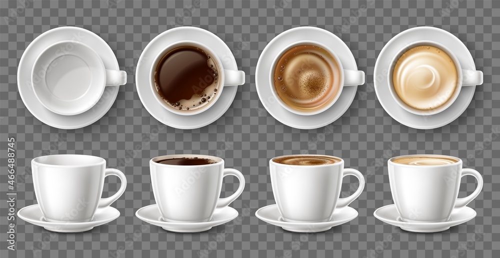 逼真的咖啡杯。瓷杯和茶托搭配不同类型的饮料。顶部和侧面的竞争