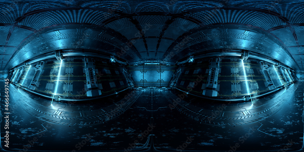 深蓝色飞船内部HDRI全景图。高分辨率360度全景反射