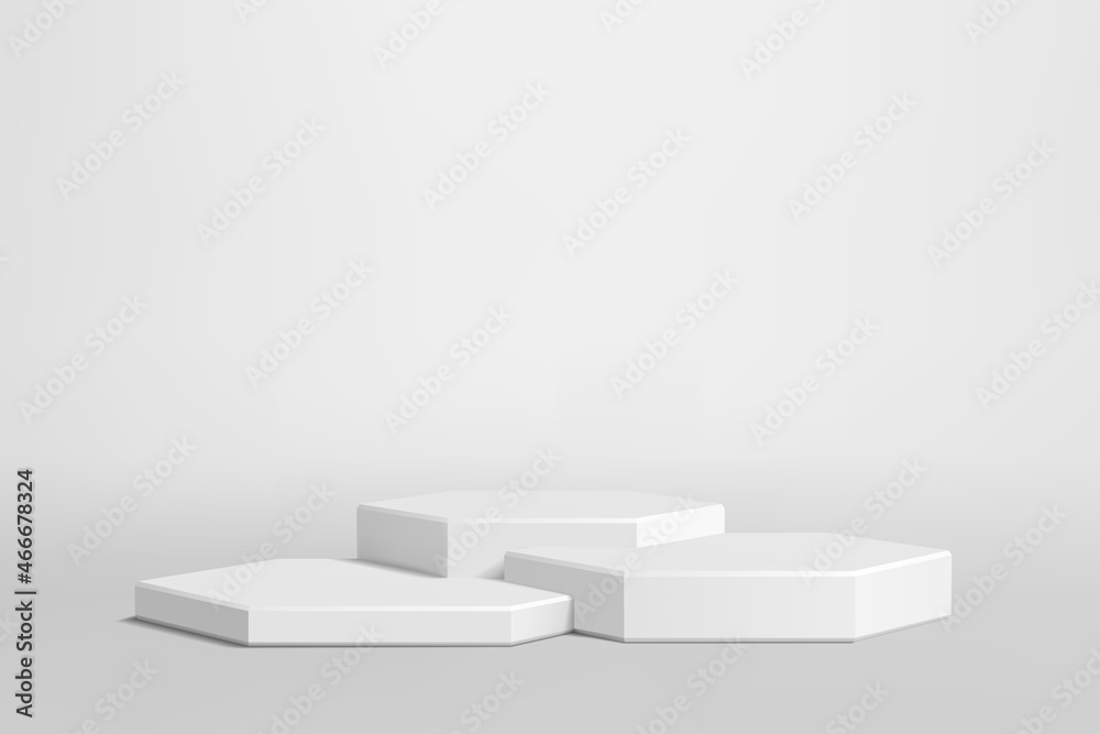 灰色背景上的白色讲台。逼真的矢量插图。实体模型的白色圆形基座。