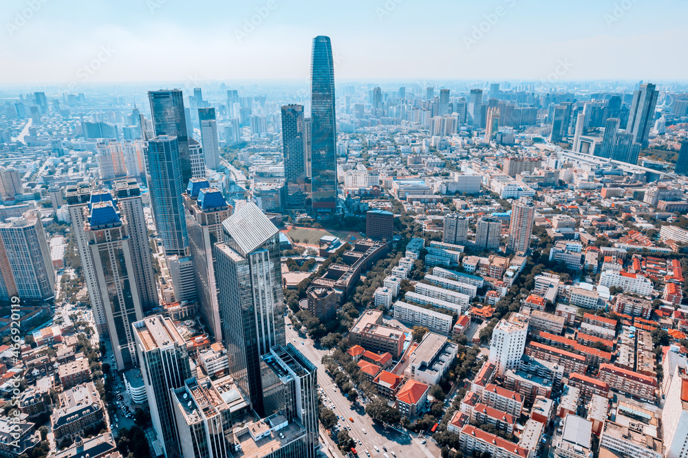 航拍中国天津国际金融中心和城市天际线