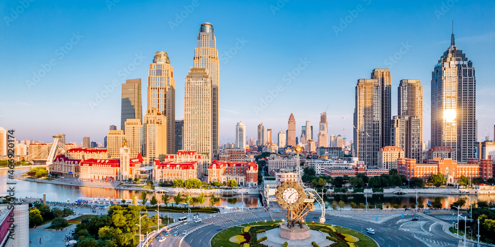 航拍天津金湾广场和世纪钟CBD城市天际线，中国