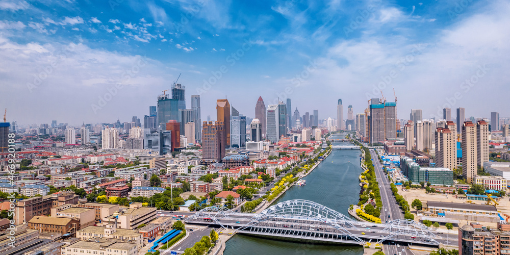 航拍中国天津海河直沽和直沽大桥的城市天际线