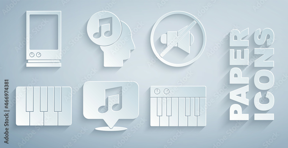Set Musical note in speech bubble, Speaker mute, synthesizer, human head and Voice assistant icon. V