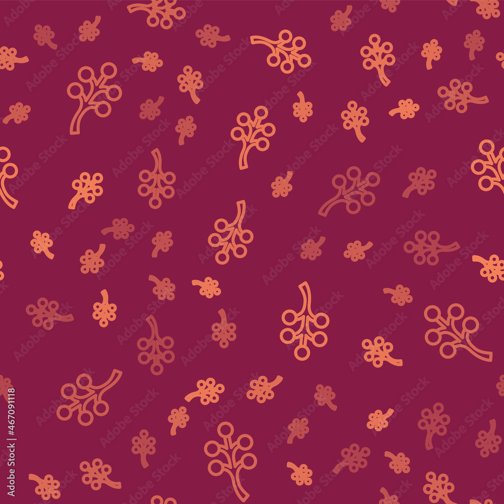 棕色线条花朵树枝，红色背景上有花朵图标隔离无缝图案。矢量