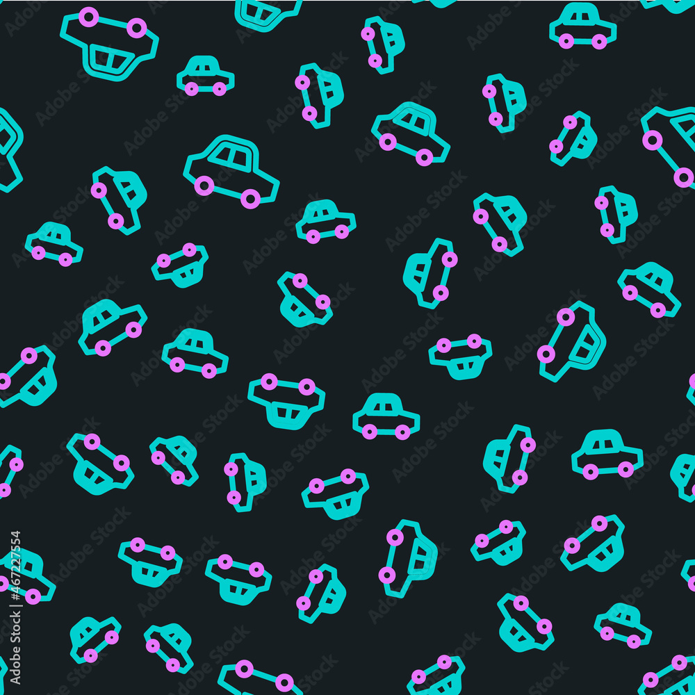 Line Toy car icon isolated seamless pattern on black background. Vector