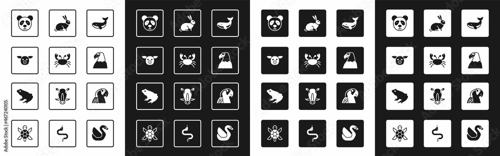 设置鲸鱼、螃蟹、猪、可爱的熊猫脸、鹰头、兔子、金刚鹦鹉和青蛙图标。矢量