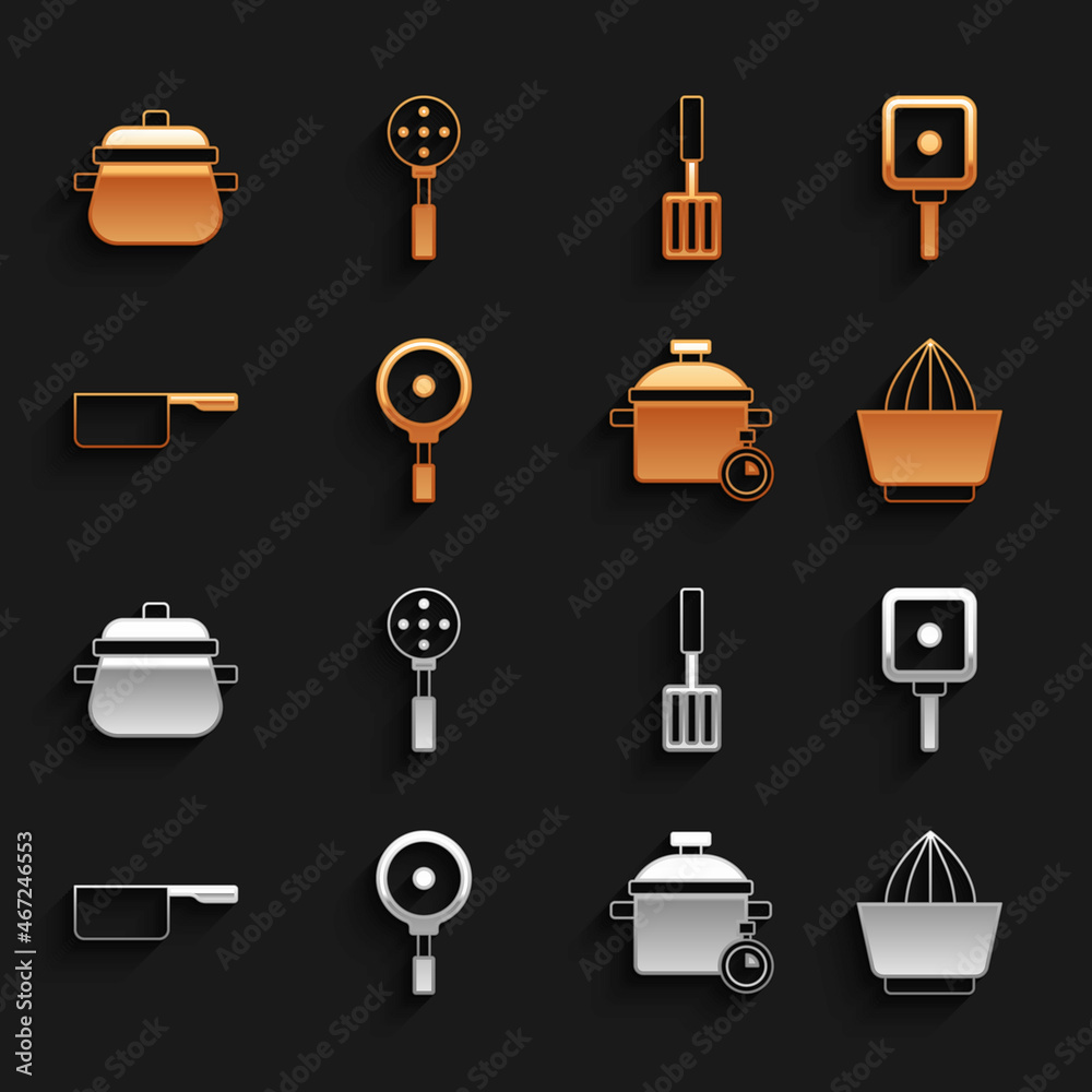 设置煎锅、柑橘榨汁机、烹饪锅、Saucepan、烧烤抹刀和spatula图标。Vect