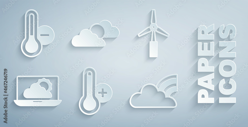 设置气象温度计、风力涡轮机、天气预报、有云的彩虹、太阳和天气