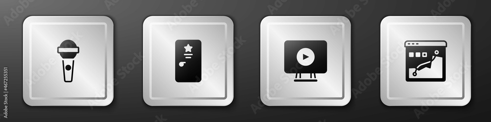 Set Microphone, Backstage, Online play video and Histogram graph photography icon. Silver square but