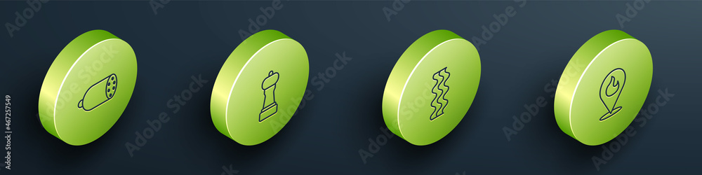 Set Isometric line Salami sausage, Pepper, Bacon stripe and Location with fire flame icon. Vector