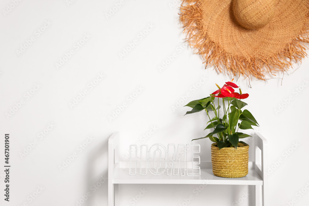 Anthurium flower and word HOME on shelf unit near white wall