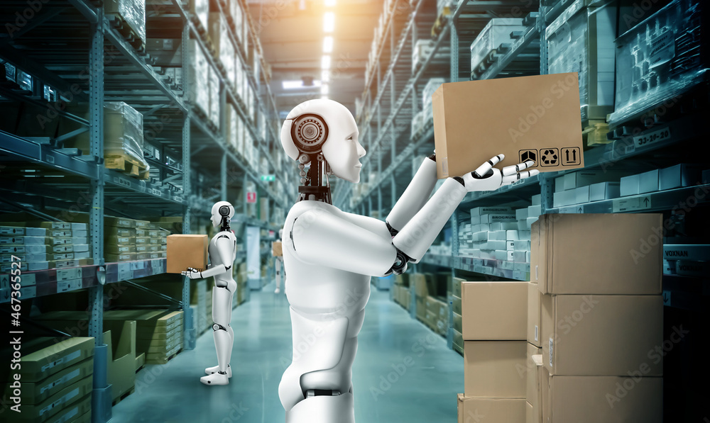 创新的行业机器人在仓库工作，用于人力替代。人工智能的概念